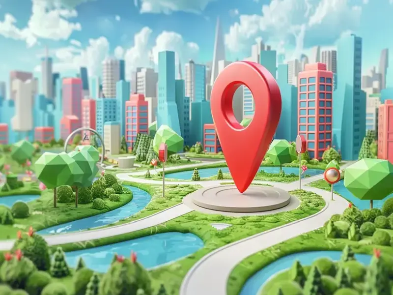 Large red map pin in a green city scene shows how our business directory helps customers find nearby services